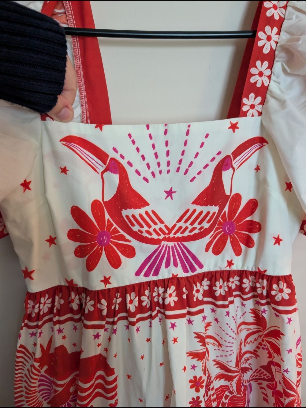 FARM Rio Red & White Toucan Tropical Print Puff Sleeve Tiered Midi Dress XS - Picture 2 of 8
